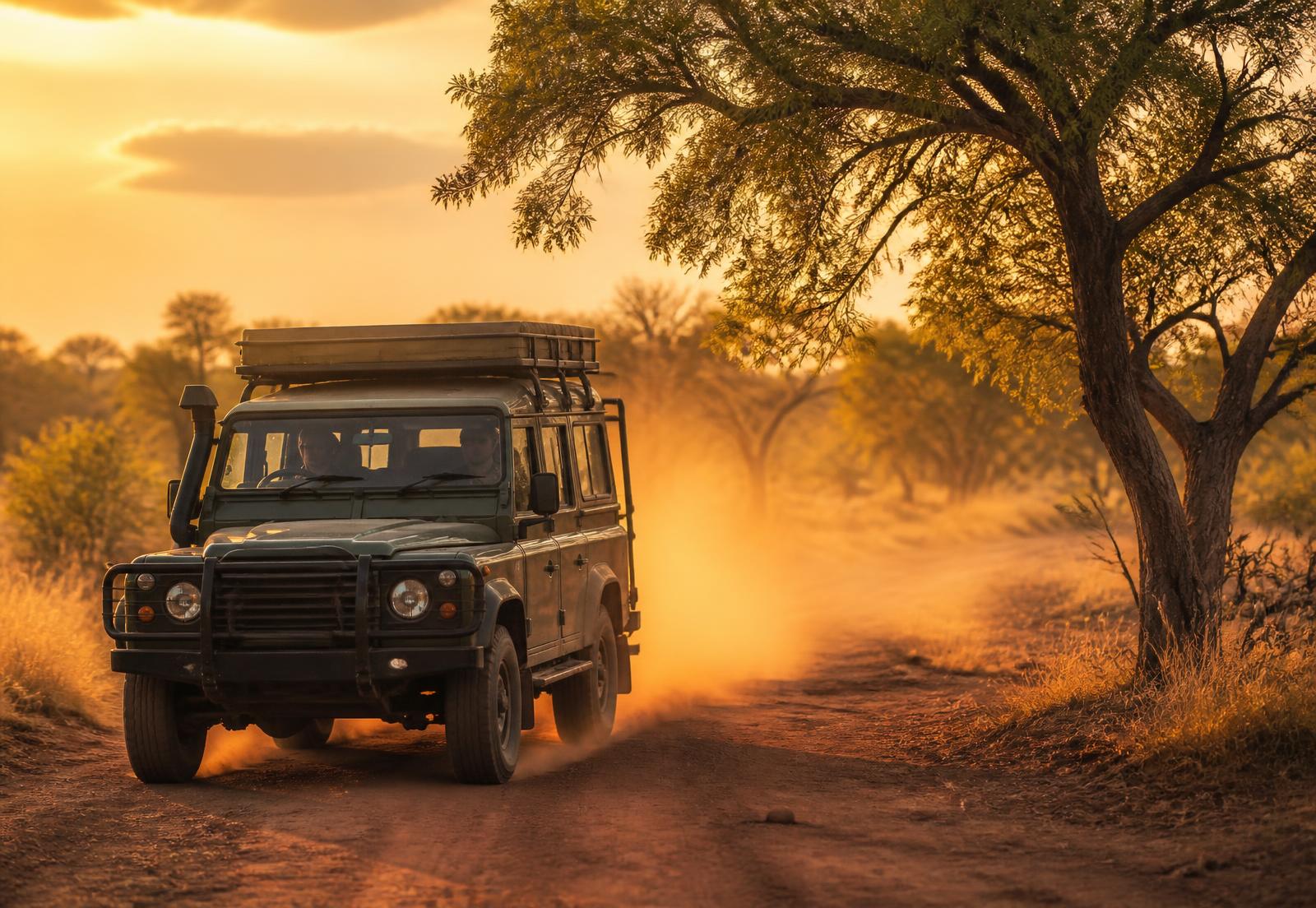 A safari 4x4 trailing dust on a bush track at golden hour in Zimbabwe