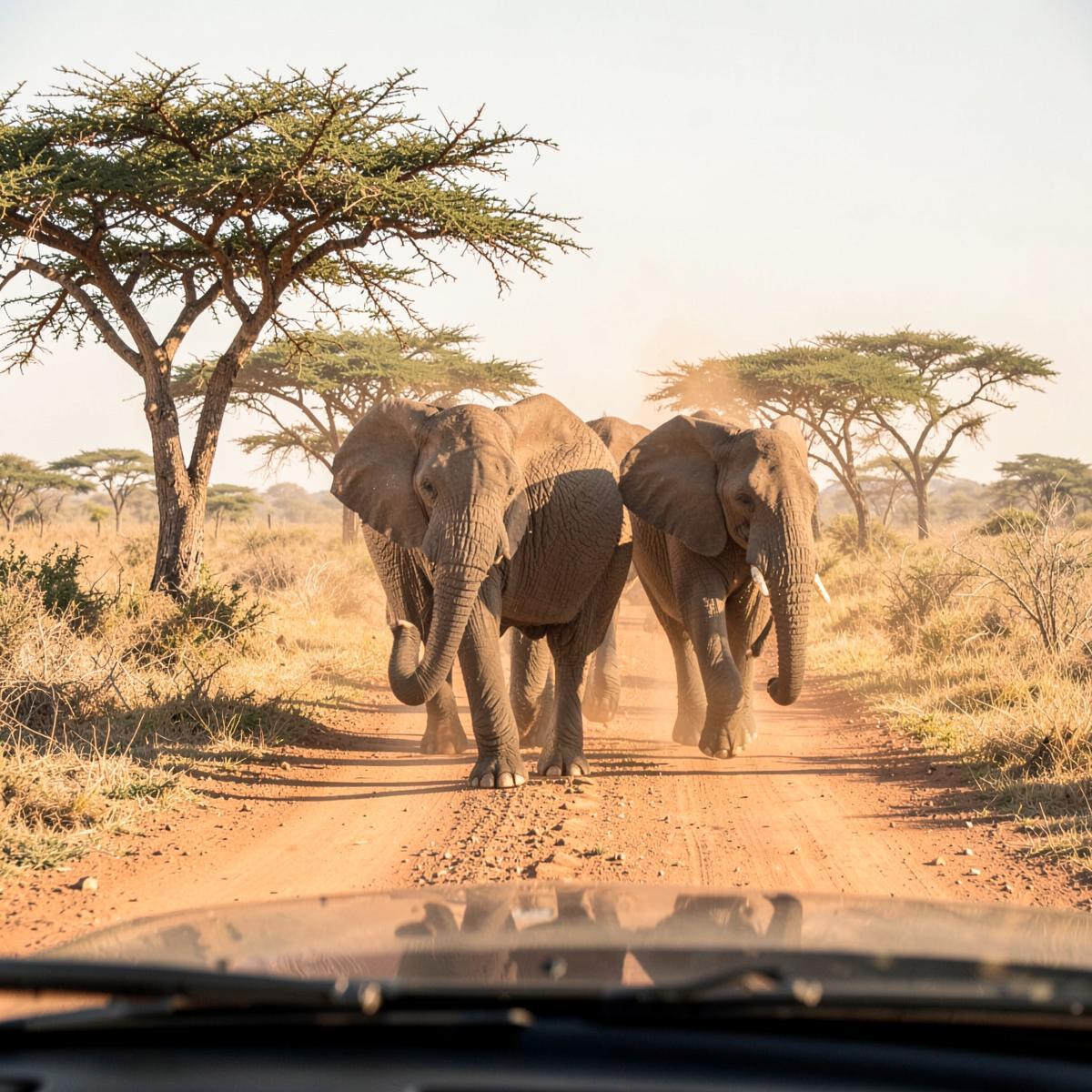 Elephants walking down a dirt road seen from a vehicle