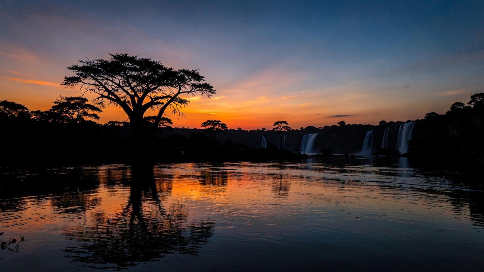 Sunset over the Zambezi river with silhouetted trees